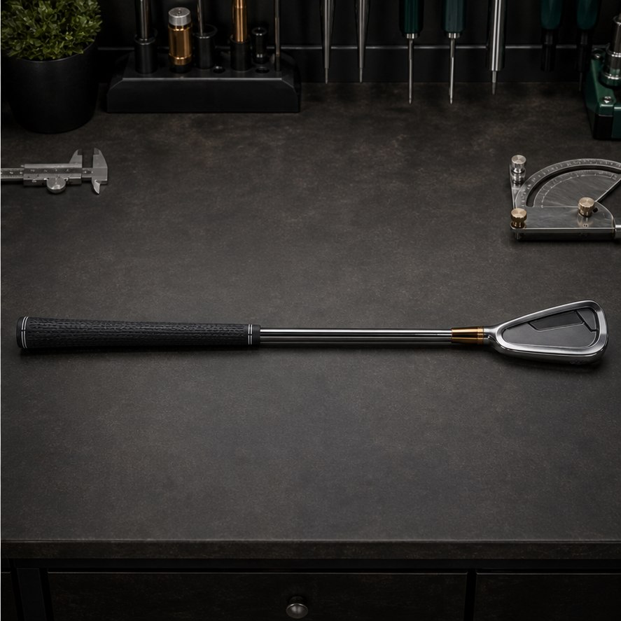 Iron clubhead on a workshop bench after repair