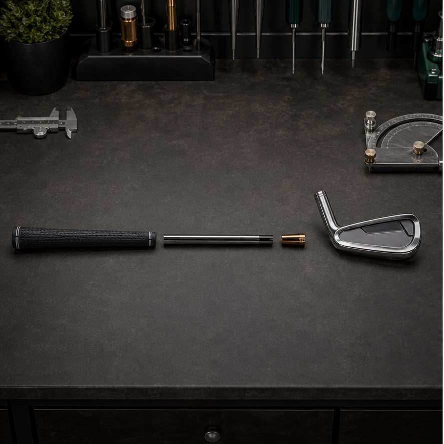 Golf club grip, shaft, ferrule, and iron head laid out separately on a repair bench
