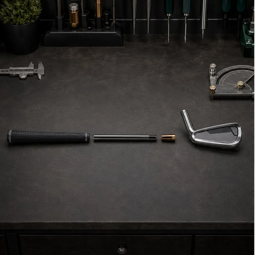 Golf club ferrule, shaft, and head separated on a repair bench