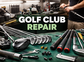 Golf clubs, tools, grips, and repair parts laid out on a workshop bench