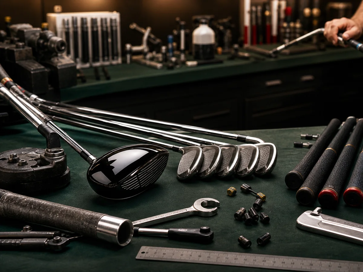 Golf clubs, tools, grips, and repair parts laid out on a workshop bench